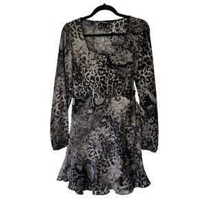Express Dress Black Grey Snakeskin Leopard Ruffle Long Sleeve Mini Small